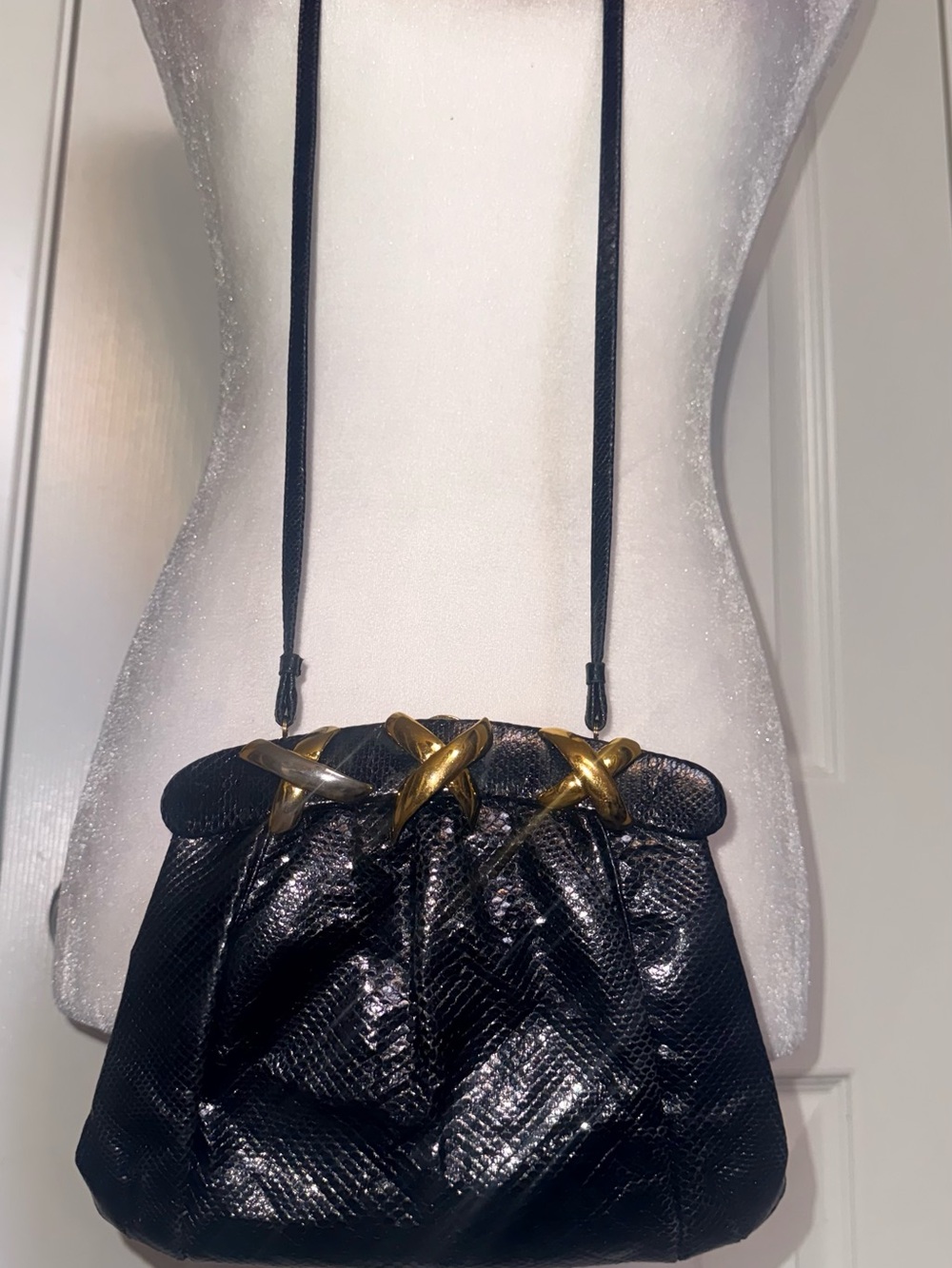 Vintage J. Tiras Black Genuine Leather Embossed Frame Crossbody Kiss Lock Purse